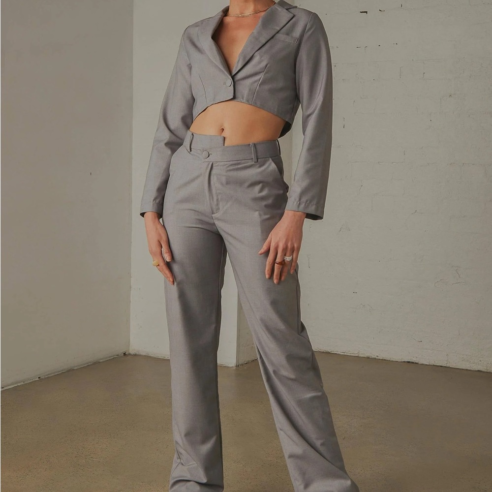 Peppermayo Gray Cropped Blazer & High-Waist Trousers Set